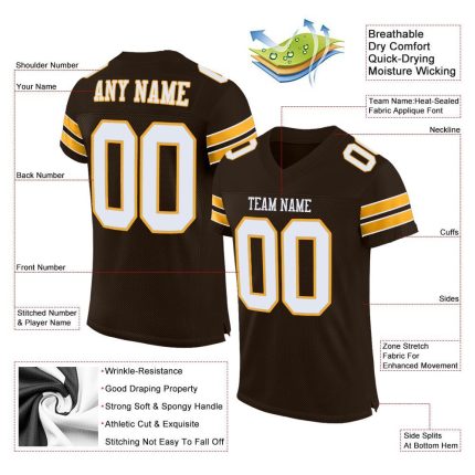 Personalized Brown White Gold Football Jersey Mesh Athletic Wear Personalized Brown White-Gold Mesh Football Jersey