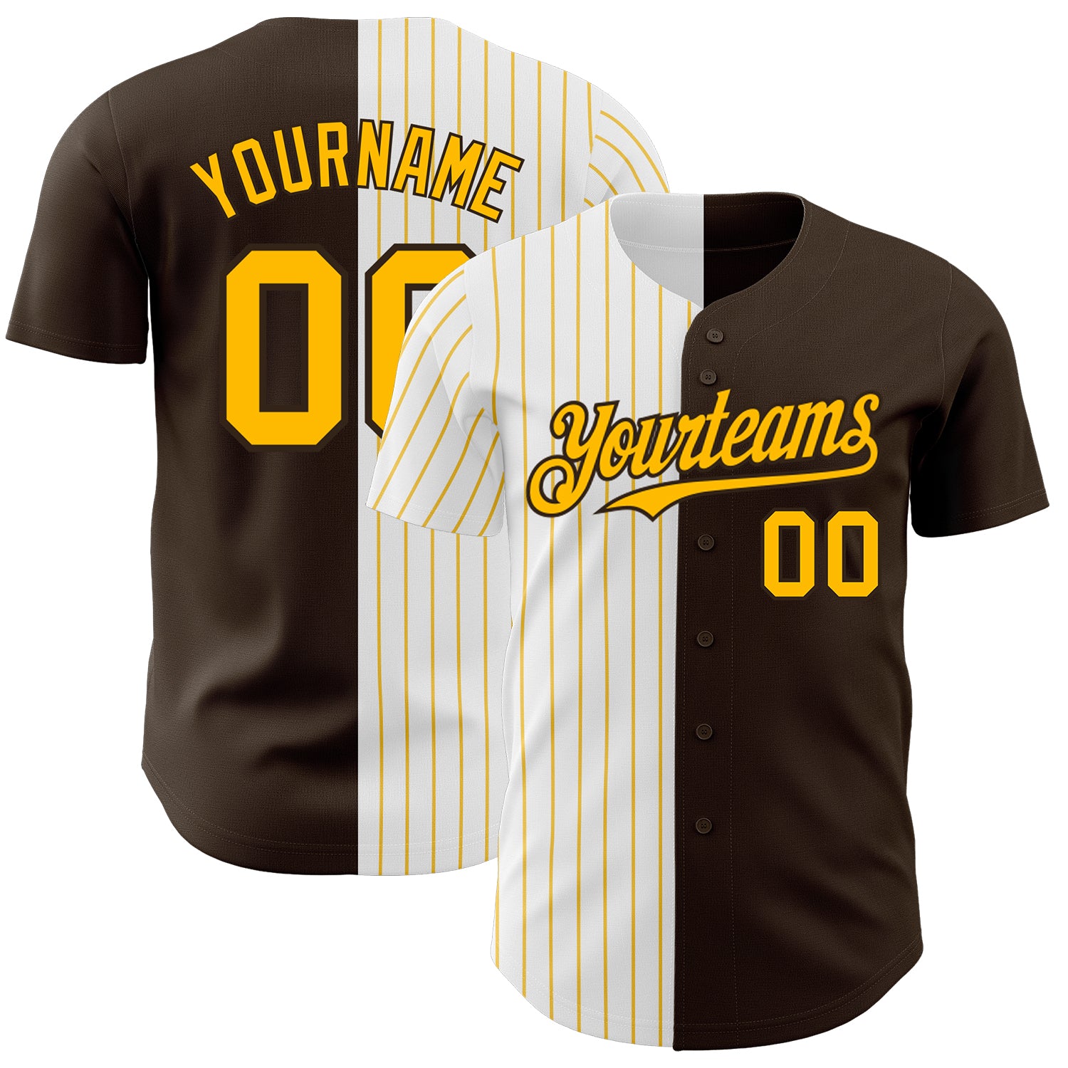 Personalized Brown White-Gold Pinstripe Authentic Split Fashion Baseball Jersey Team Custom Name and Number Custom Name Number Authentic Baseball Jersey Brown White Gold Pinstripe Fashion Team Personalized Brown White-Gold Pinstripe - Image 1