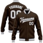 Personalized Varsity Letterman Jacket in Brown White-Gray Full-Snap Design Personalized Brown White-Gray Bomber Full-Snap