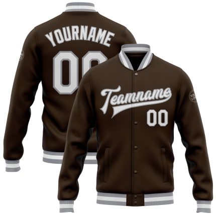 Personalized Varsity Letterman Jacket in Brown White-Gray Full-Snap Design Personalized Brown White-Gray Bomber Full-Snap