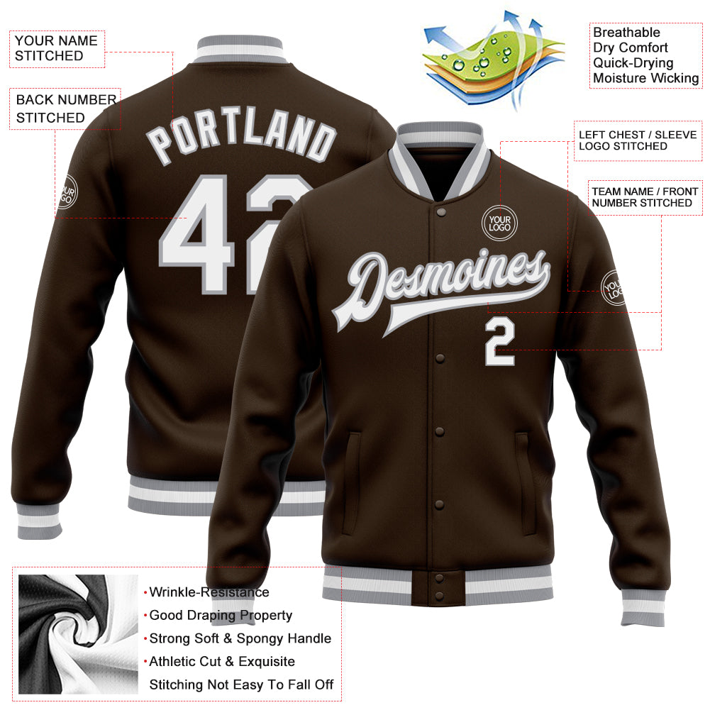 Personalized Brown White-Gray Bomber Full-Snap Varsity Letterman Jacket Team Custom Name and Number Custom Team Name and Number Brown White Gray Bomber Varsity Letterman Jacket - Personalized Full-Snap Design Personalized - Image 3
