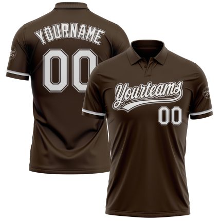 Custom Name and Number Personalized Performance Vapor Golf Polo Shirt - Brown White-Gray Design Personalized Brown White-Gray