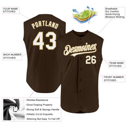 Custom Personalized Sleeveless Baseball Jersey with Brown White and Old Gold Colors - Team Name and Number Personalized Brown