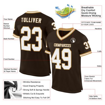 Custom Personalized Throwback Football Jersey with Name & Number - Brown, White, and Old Gold Mesh Personalized Brown White-Old