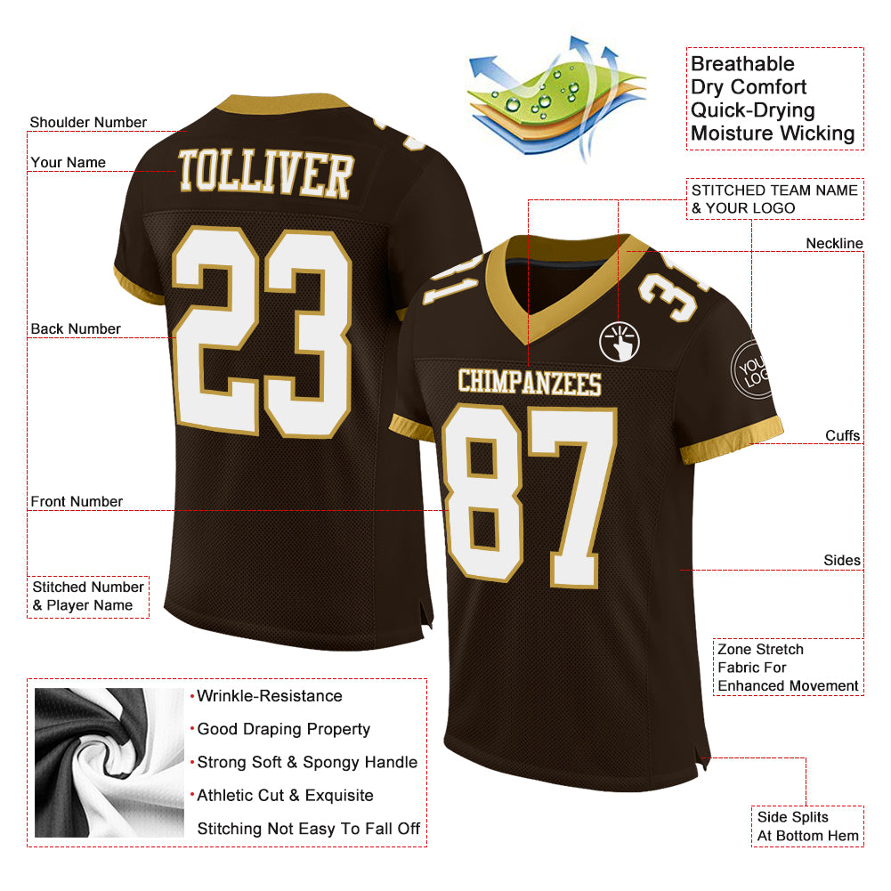 Personalized Brown White Old Gold Mesh Football Jersey for Men and Women Personalized Brown White-Old Gold Mesh Football - Image 2