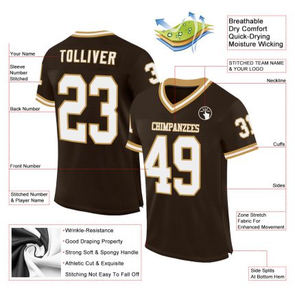 Personalized Throwback Football Jersey - Brown White Old Gold Mesh Design Personalized Brown White-Old Gold Mesh Throwback