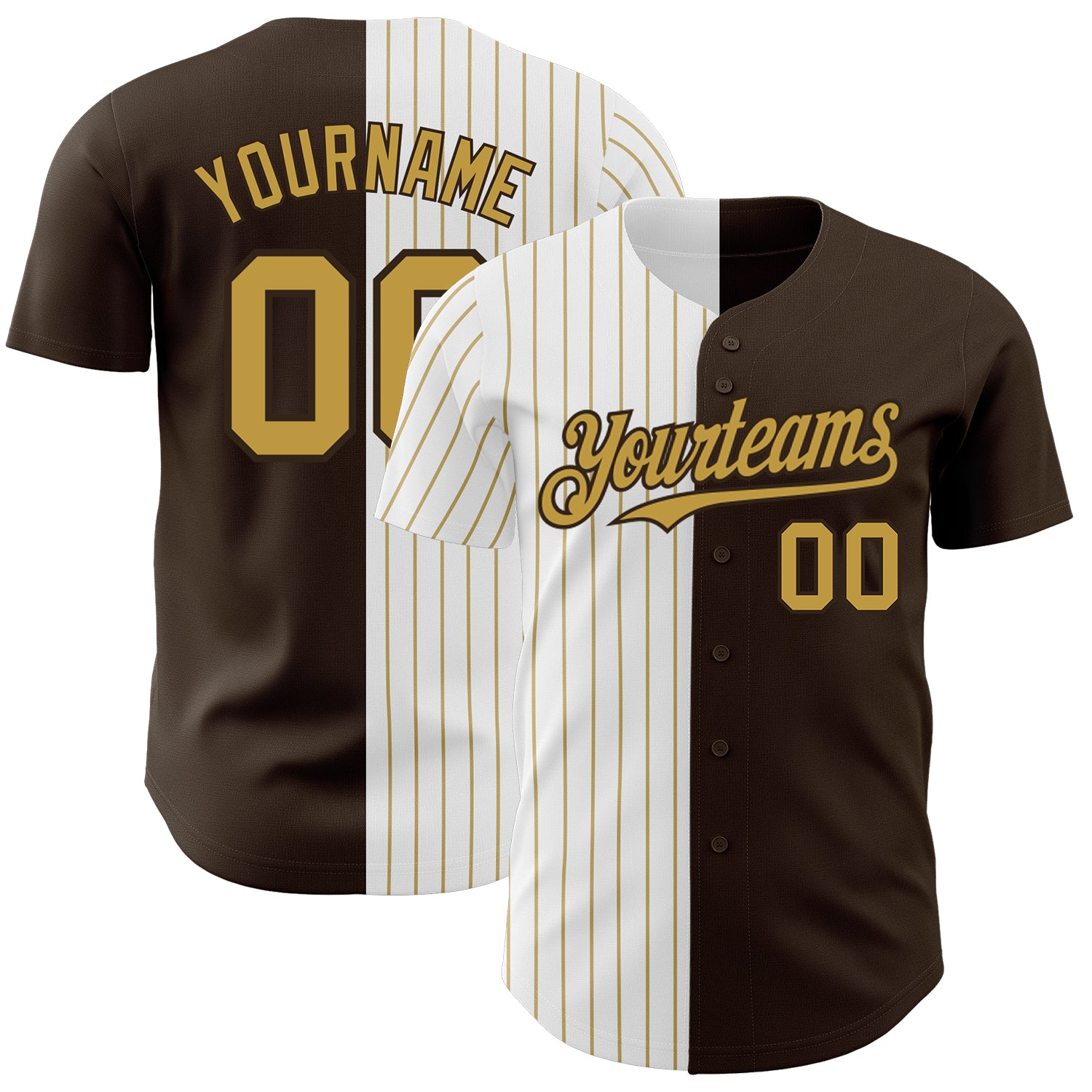 Customizable Brown White Gold Pinstripe Baseball Jersey with Name and Number - Authentic Split Fashion تصميم Personalized