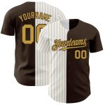 Personalized Pinstripe Baseball Jersey - Brown White Old Gold Split Design Personalized Brown White-Old Gold Pinstripe Split