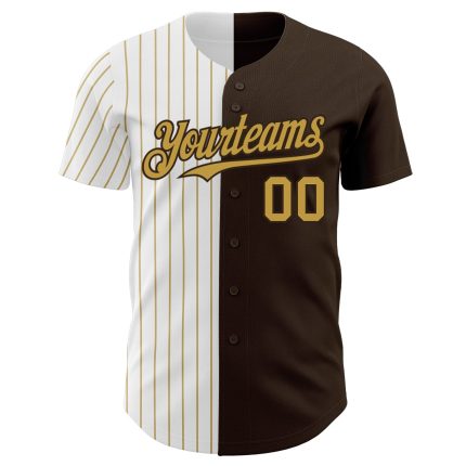 Personalized Pinstripe Baseball Jersey - Brown White Old Gold Split Design Personalized Brown White-Old Gold Pinstripe Split