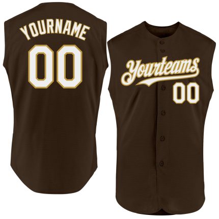Personalized Sleeveless Baseball Jersey in Brown, White, and Old Gold Personalized Brown White-Old Gold Sleeveless Baseball