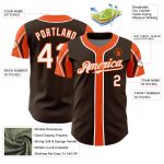 Personalized Baseball Jersey in Brown White-Orange, 3 Colors, Arm Shapes Personalized Brown White-Orange 3 Colors Arm Shapes