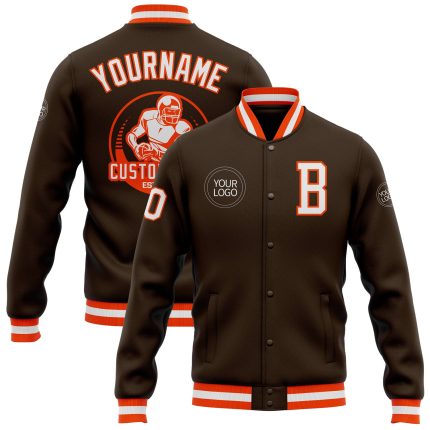 Personalized Varsity Letterman Jacket Brown White Orange Full-Snap Bomber 2 Personalized Brown White-Orange Bomber Full-Snap