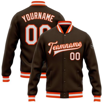 Personalized Varsity Letterman Jacket - Brown White Orange Full-Snap Bomber Personalized Brown White-Orange Bomber Full-Snap