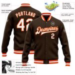 Custom Team Name Number Personalized Varsity Letterman Jacket Brown White Orange Full-Snap Bomber Jacket Personalized Brown