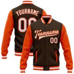 Custom Two Tone Brown White Orange Bomber Varsity Letterman Full-Snap Jacket Personalized Brown White-Orange Bomber Full-Snap