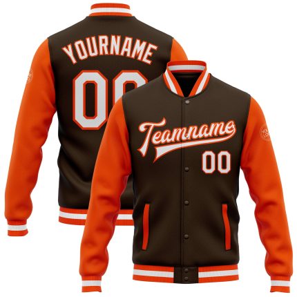 Custom Two Tone Brown White Orange Bomber Varsity Letterman Full-Snap Jacket Personalized Brown White-Orange Bomber Full-Snap