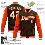 Custom Team Name Number Varsity Letterman Bomber Jacket Brown White Orange Full-Snap Two Tone Personalized Brown White-Orange