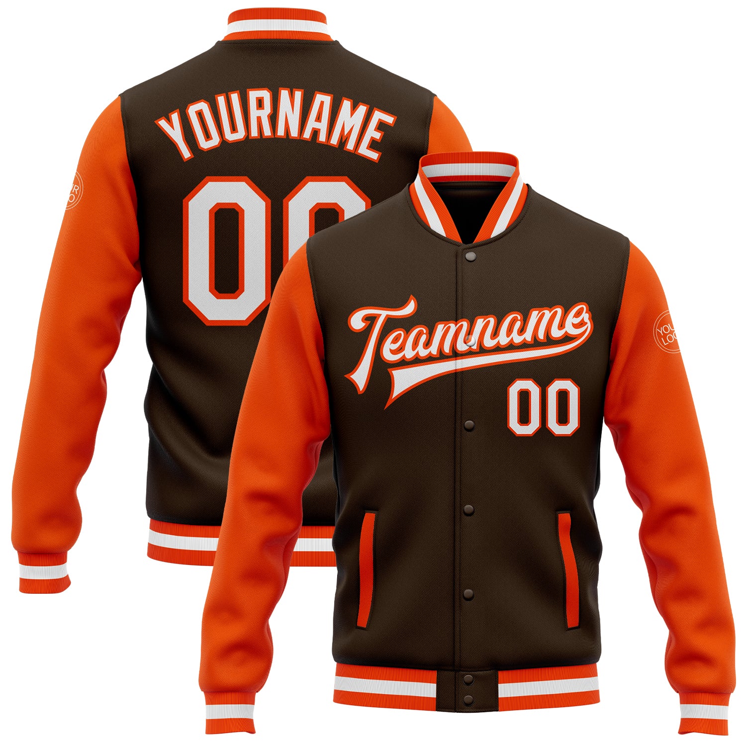 Custom Team Name Number Varsity Letterman Bomber Jacket Brown White Orange Full-Snap Two Tone Personalized Brown White-Orange