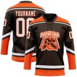 Custom Name and Number Personalized Hockey Jersey - Brown White-Orange Lace Neck Team Jersey Personalized Brown White-Orange