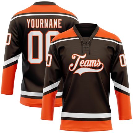 Custom Name and Number Personalized Hockey Jersey - Brown White-Orange Lace Neck Team Jersey Personalized Brown White-Orange