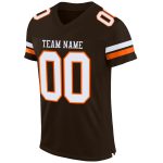 Custom brown, white and orange mesh football jersey, back view