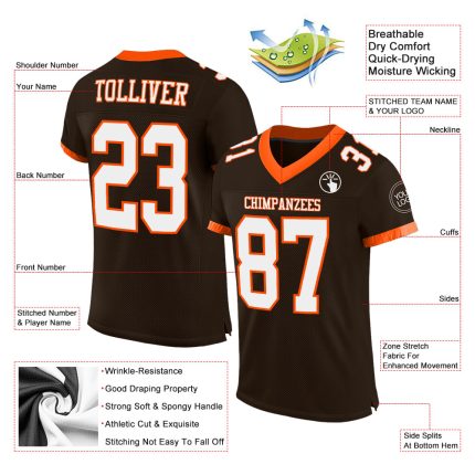 Personalized Brown White Orange Football Jersey for Kids - Custom Mesh Jersey 2 Personalized Brown White-Orange Mesh Football