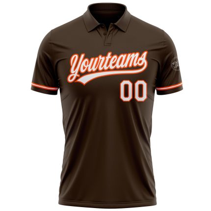 Personalized Team Golf Polo Shirt with Custom Name & Number - Brown White-Orange Performance Vapor Personalized Brown White-Orange