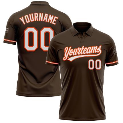 Personalized Team Golf Polo Shirt with Custom Name & Number - Brown White-Orange Performance Vapor Personalized Brown White-Orange