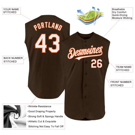 Personalized Sleeveless Baseball Jersey in Brown White-Orange - Custom Team Apparel Personalized Brown White-Orange Sleeveless