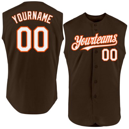 Personalized Sleeveless Baseball Jersey in Brown White-Orange - Custom Team Apparel Personalized Brown White-Orange Sleeveless