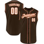 Personalized Baseball Jersey Sleeveless in Brown White and Orange Personalized Brown White-Orange Sleeveless Baseball Jersey