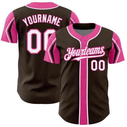 Personalized Brown White Pink Baseball Jersey - 3 Color Arm Shapes Design Personalized Brown White-Pink 3 Colors Arm Shapes