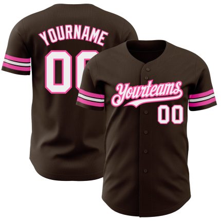 Custom Name and Number Authentic Baseball Jersey - Personalized Brown White-Pink Team Apparel Personalized Brown White-Pink