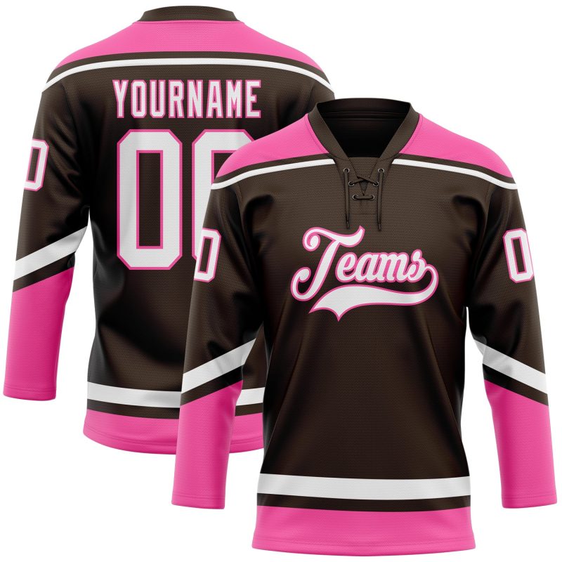 Personalized Brown White Pink Hockey Jersey with Lace Neck - Custom Sports Apparel Personalized Brown White-Pink Hockey Lace