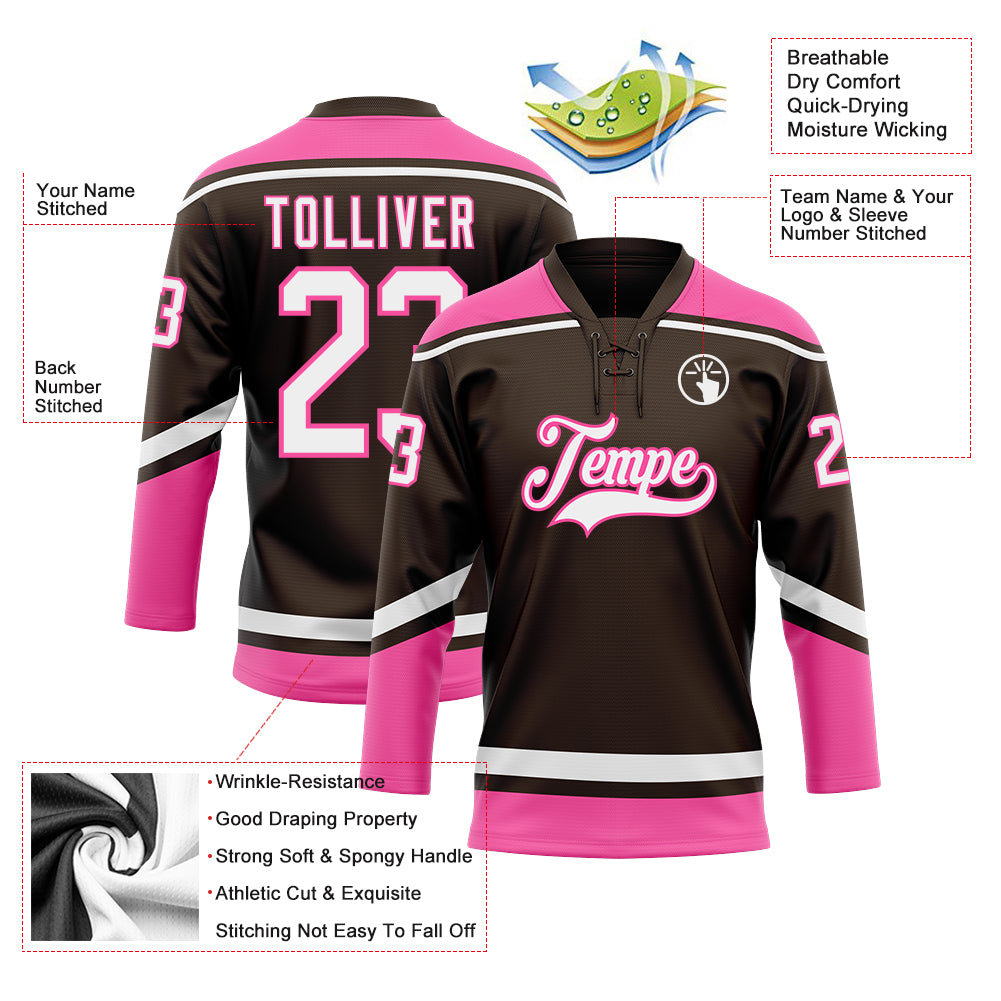 Personalized Brown White Pink Hockey Jersey with Lace Neck - Custom Sports Apparel Personalized Brown White-Pink Hockey Lace - Image 3