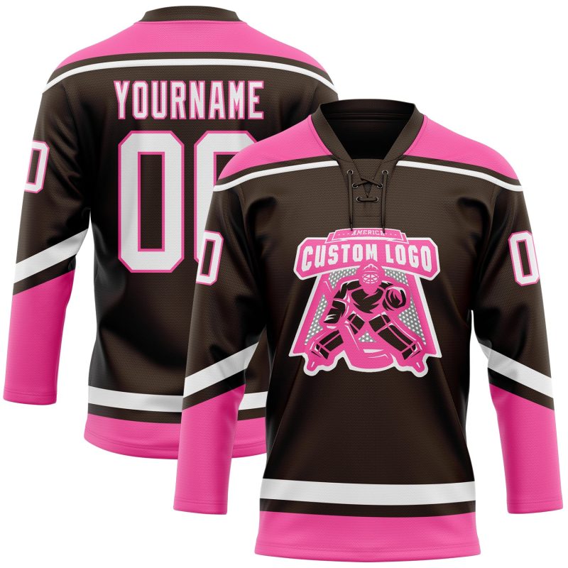 Personalized Brown White Pink Hockey Jersey with Lace Neck - Custom Sports Apparel Personalized Brown White-Pink Hockey Lace