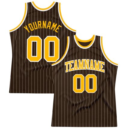 Custom Personalized Basketball Jersey with Team Name, Number, Brown White Pinstripe, Gold Design Personalized Brown White