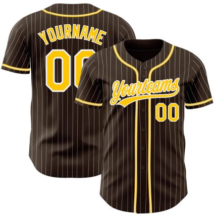 Personalized Brown White Pinstripe Gold Baseball Jersey for Men and Women Personalized Brown White Pinstripe Gold Baseball