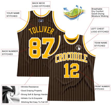 Personalized Gold Basketball Jersey with Brown and White Pinstripe Design Personalized Brown White Pinstripe Gold Basketball