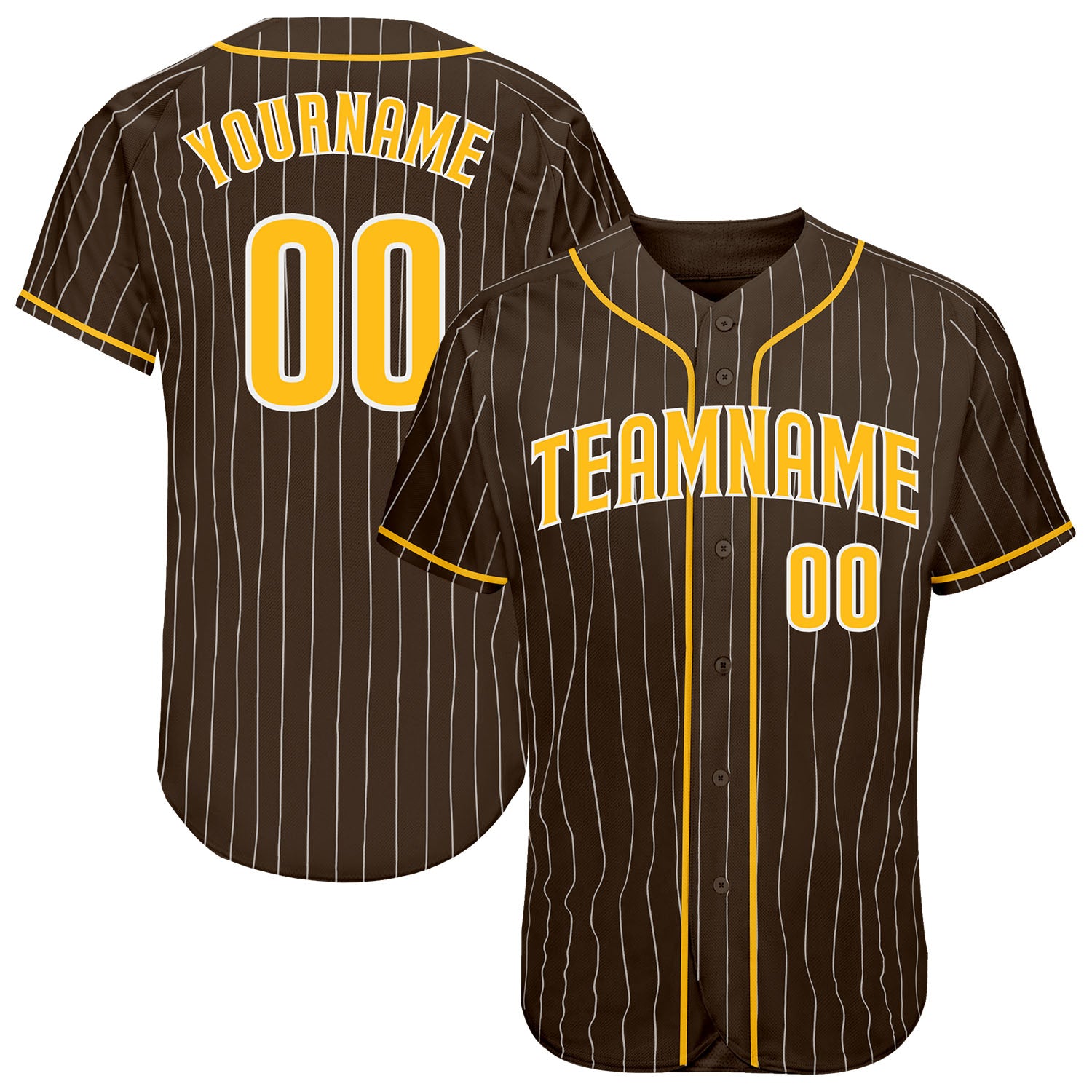 Custom Team Baseball Jersey with Personalized Name and Number, Brown White Pinstripe, Authentic Gold-White Design Personalized