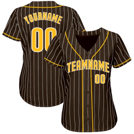 Personalized Gold White Brown Pinstripe Baseball Jersey for Men and Women Personalized Brown White Pinstripe Gold-White Baseball