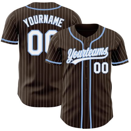 Personalized Light Blue Baseball Jersey with Brown White Pinstripes Personalized Brown White Pinstripe Light Blue Baseball