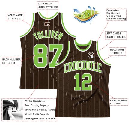 Custom Neon Green Personalized Basketball Jersey with Brown White Pinstripe - Authentic Team Name & Number Personalized Brown