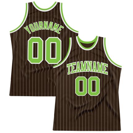 Personalized Neon Green Basketball Jersey - Brown White Pinstripe Design Personalized Brown White Pinstripe Neon Green Basketball