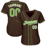 Custom Team Baseball Jersey - Personalized Authentic Brown White Pinstripe with Neon Green-White Name & Number Personalized