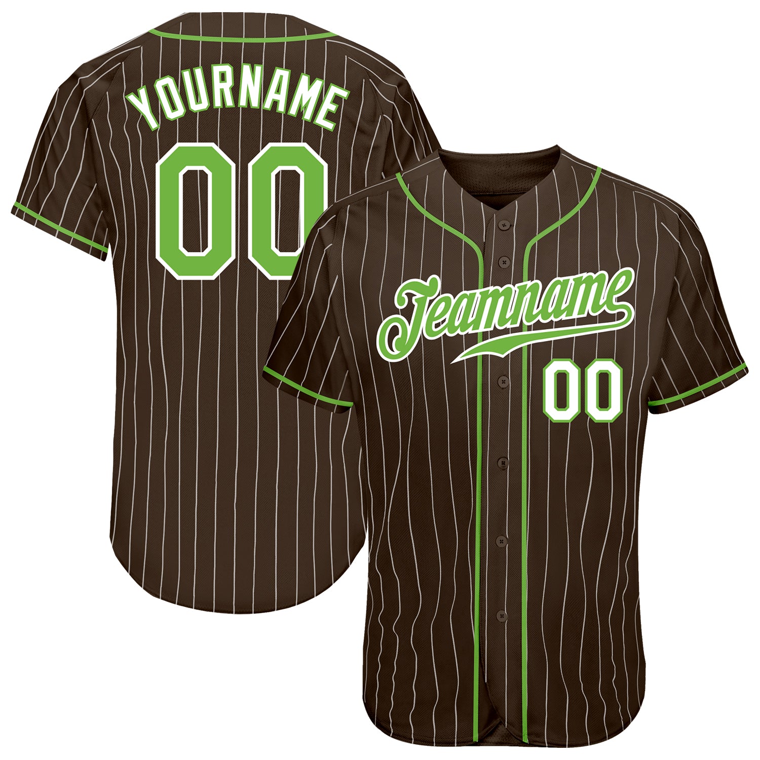 Custom Team Baseball Jersey - Personalized Authentic Brown White Pinstripe with Neon Green-White Name & Number Personalized
