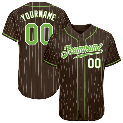 Personalized Neon Green White Brown Pinstripe Baseball Jersey Personalized Brown White Pinstripe Neon Green-White Baseball