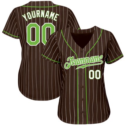 Personalized Neon Green White Brown Pinstripe Baseball Jersey Personalized Brown White Pinstripe Neon Green-White Baseball