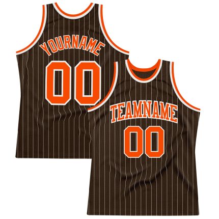 Custom Brown White Pinstripe Orange Basketball Jersey - Personalized Team Name & Number Authentic Personalized Brown White
