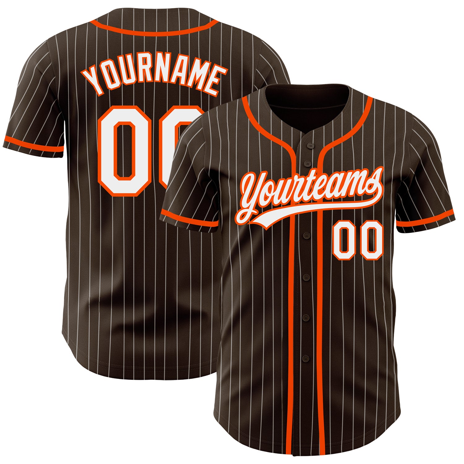 Personalized Brown White Pinstripe Baseball Jersey with Orange Accents Personalized Brown White Pinstripe Orange Baseball
